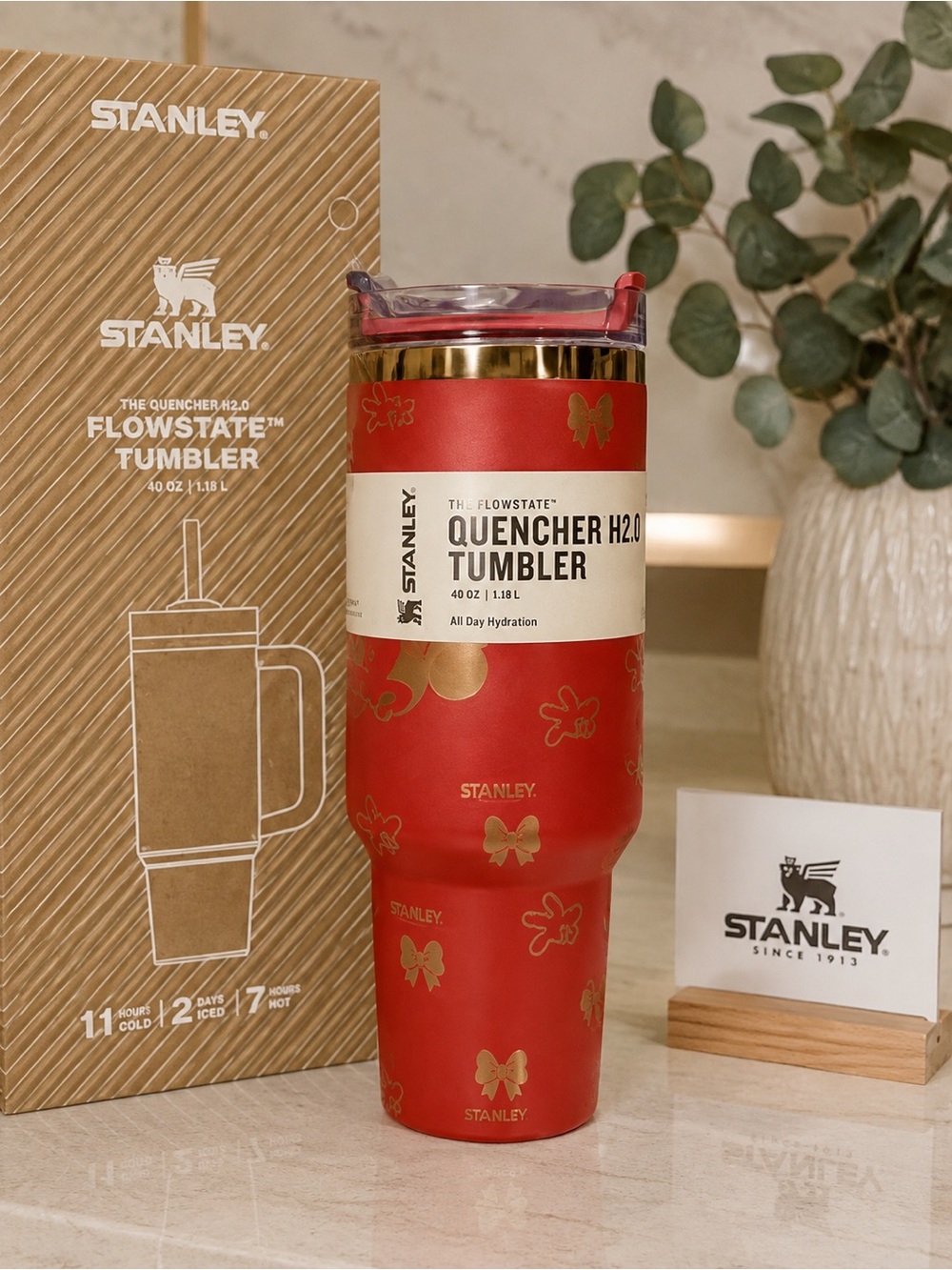 NWT Stanley Quencher H2.0 40oz Tumbler Disney Mickey Mouse Red Bows Gold